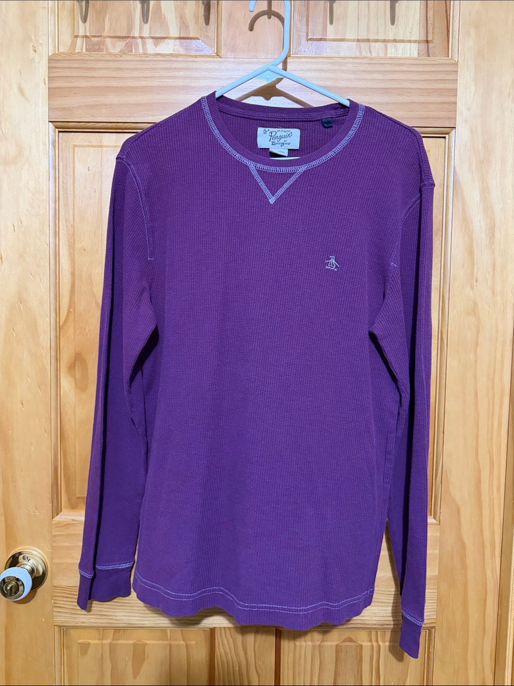 Original Penguin Purple Long Sleeve Waffle-Knit Crew, Size Medium.